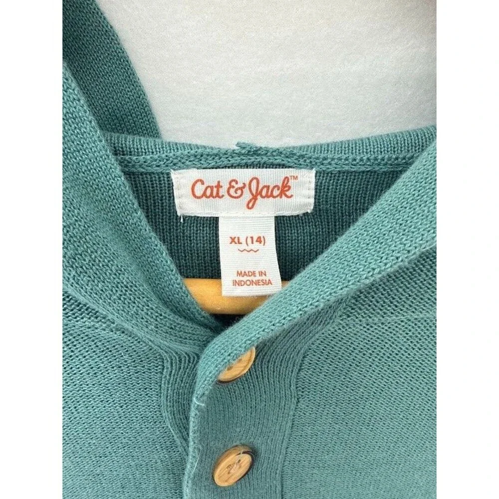 Cat & Jack Boys Green Hooded Striped Henley Sweater Size XL‎ 14